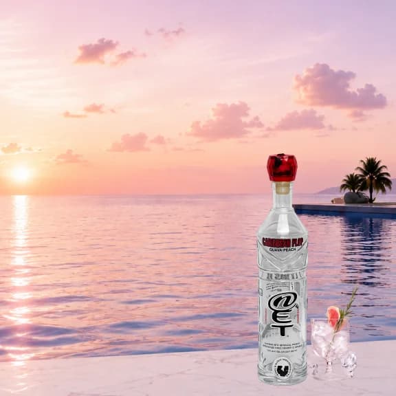 NET Vodka bottle beside an infinity pool at sunset