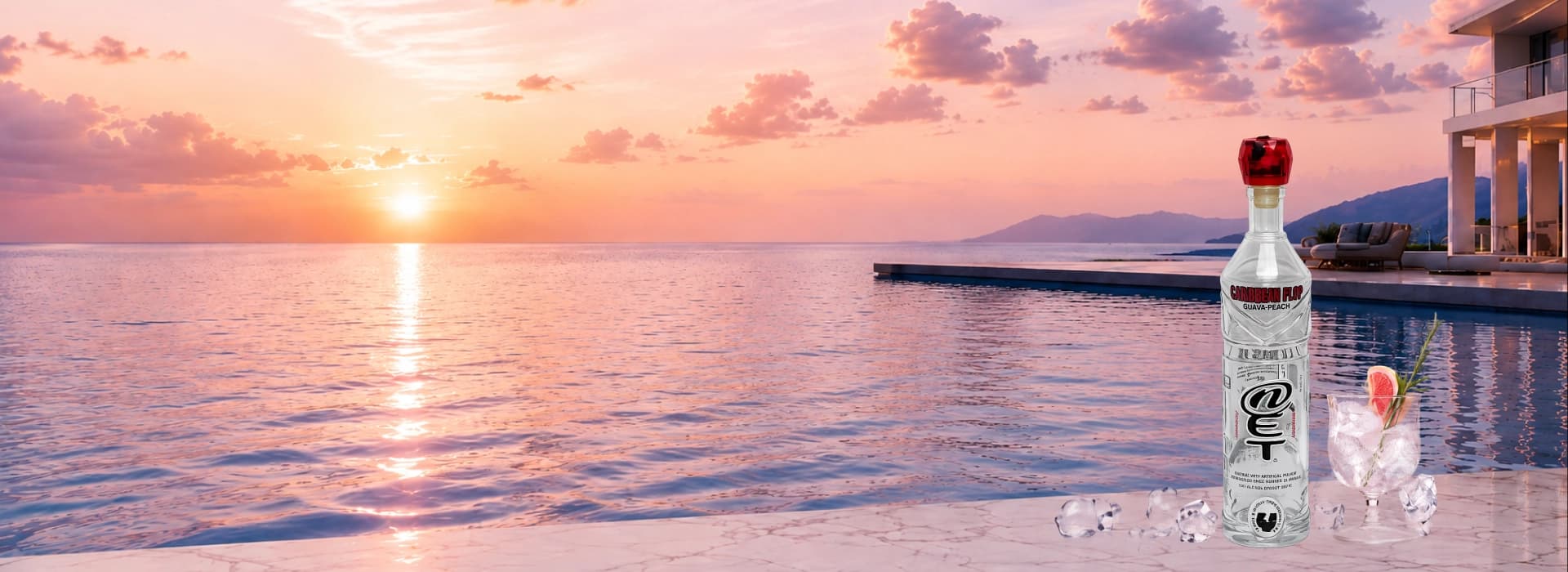 NET Vodka bottle beside an infinity pool at sunset